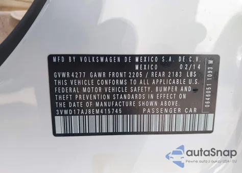 2014 Volkswagen Jetta 1.8T Se z USA, uszkodzony, nr VIN 3VWD17AJ8EM415745